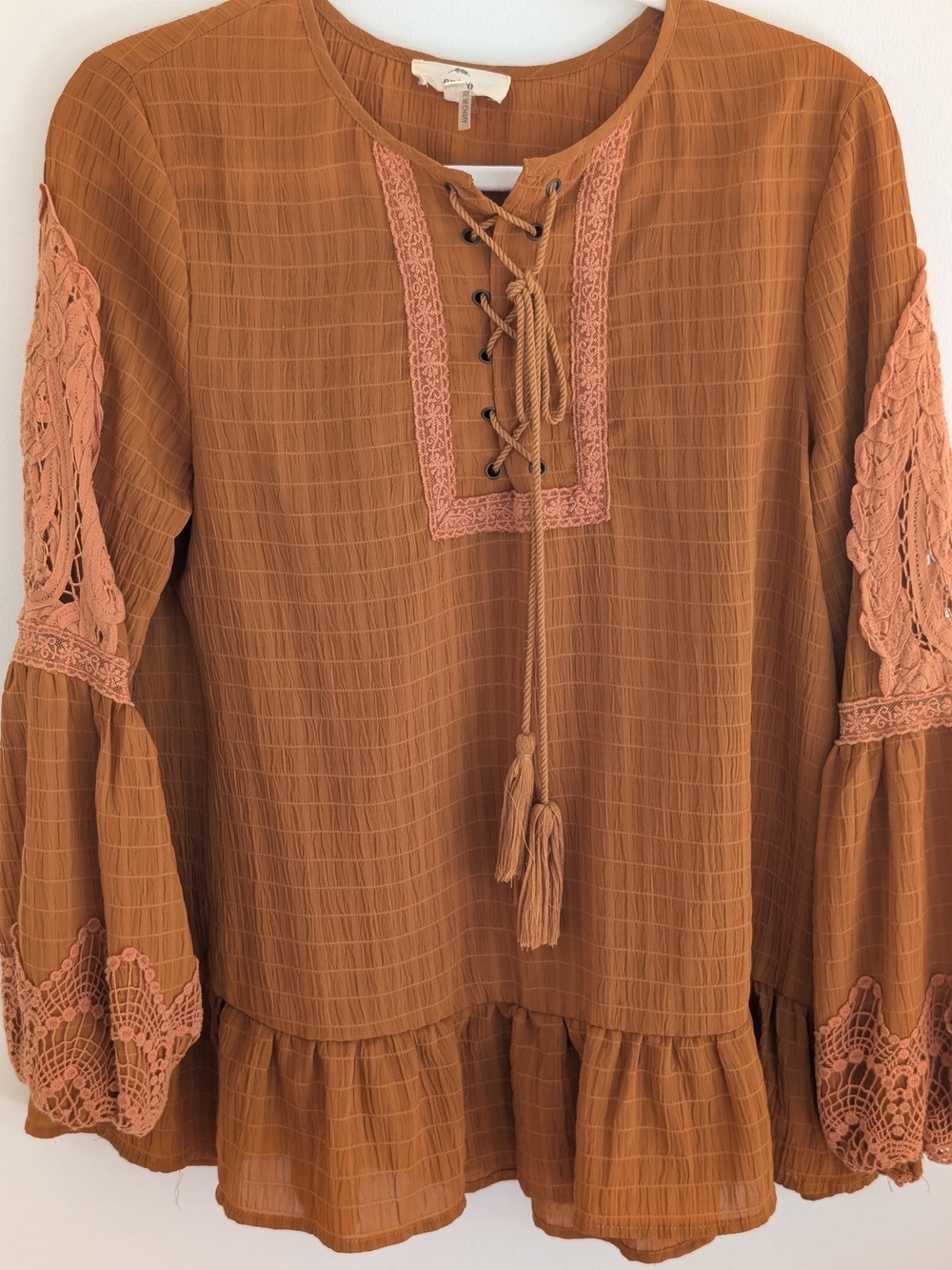 entro Rust Lace-Up Peasant Tunic with Crochet Accents
